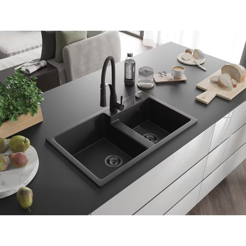 Granitvask Tomas 2-Kammer 80x50 cm Sort med Vandhane