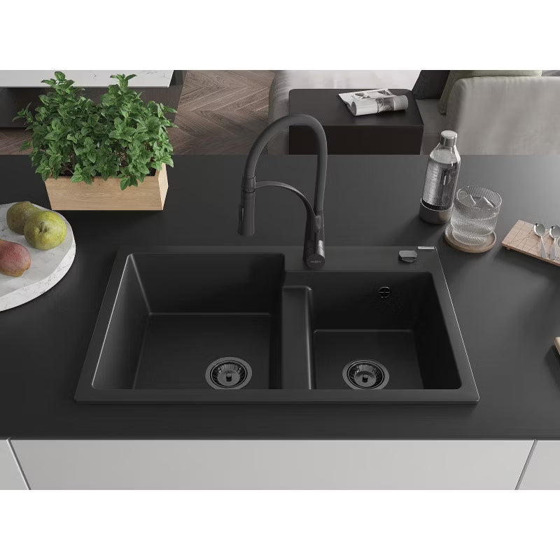 Granitvask Tomas 2-Kammer 80x50 cm Sort med Vandhane
