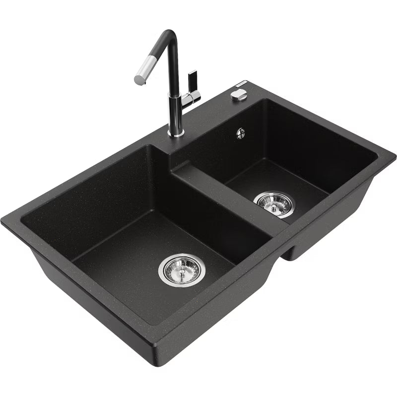 Granitvask Tomas 2-Kammer 80x50 cm Sort Metalik med Armatur