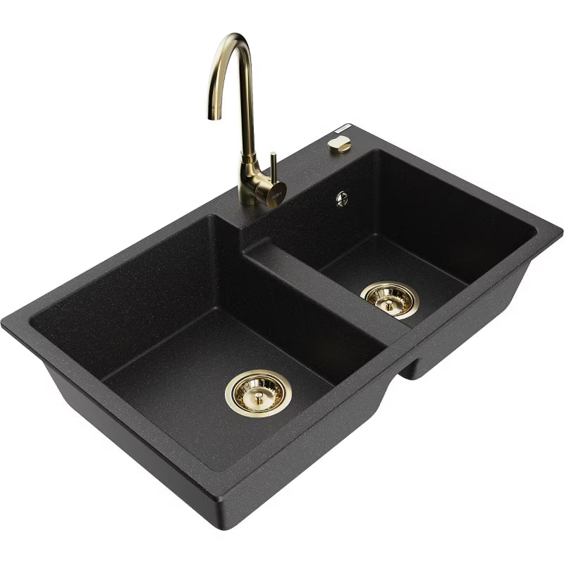 Granitvask Tomas 2-Kammer 80x50 cm Sort Metalik med Armatur
