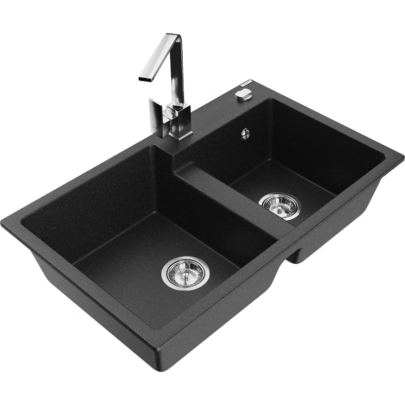 Granitvask Tomas 2-Kammer 80x50 cm Sort Metalik med Armatur
