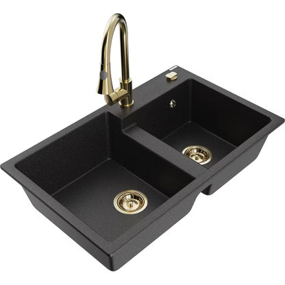 Granitvask Tomas 2-Kammer 80x50 cm Sort Metalik med Armatur