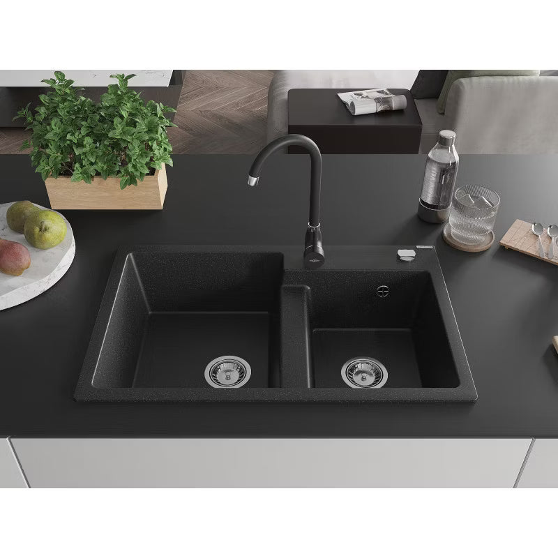 Granitvask Tomas 2-Kammer 80x50 cm Sort Metalik med Armatur