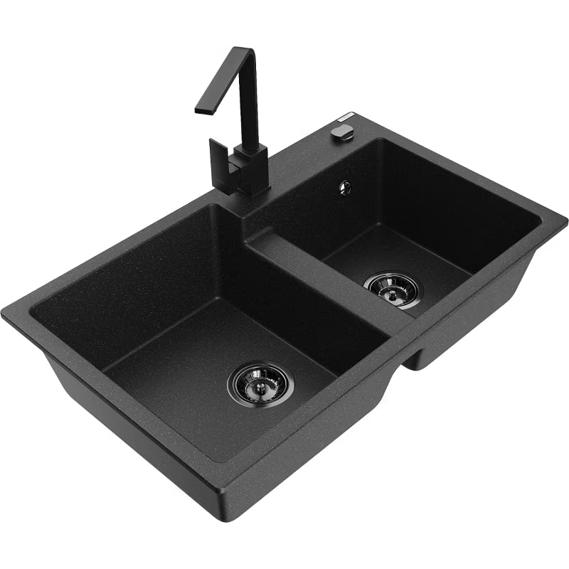 Granitvask Tomas 2-Kammer 80x50 cm Sort Metalik med Armatur