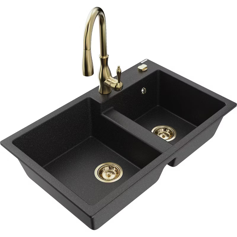 Granitvask Tomas 2-Kammer 80x50 cm Sort Metalik med Armatur