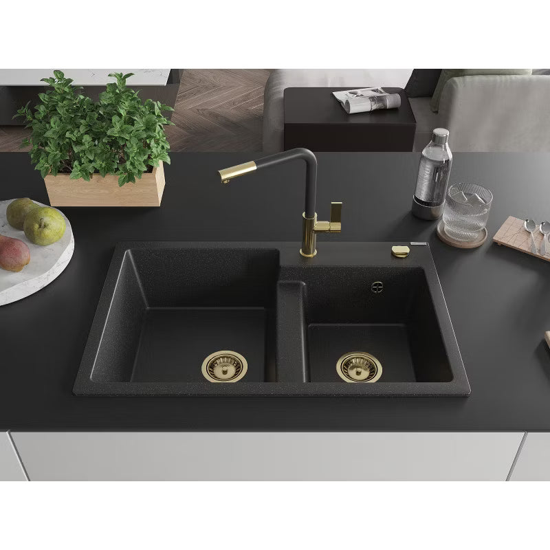 Granitvask Tomas 2-Kammer 80x50 cm Sort Metalik med Armatur