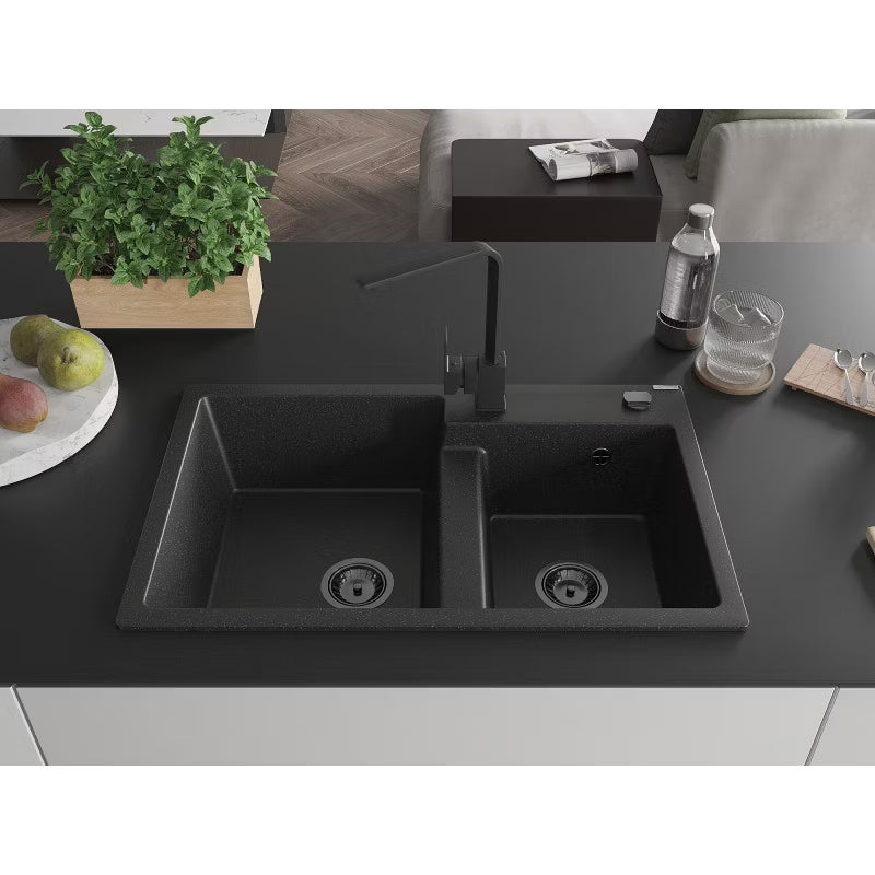 Granitvask Tomas 2-Kammer 80x50 cm Sort Metalik med Armatur