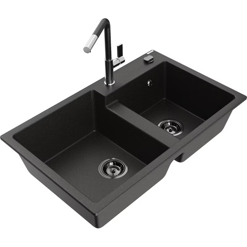 Granitvask Tomas 2-Kammer 80x50 cm Sort Metalik med Vandhane