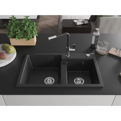 Granitvask Tomas 2-Kammer 80x50 cm med Flora Armatur Sort Metallik