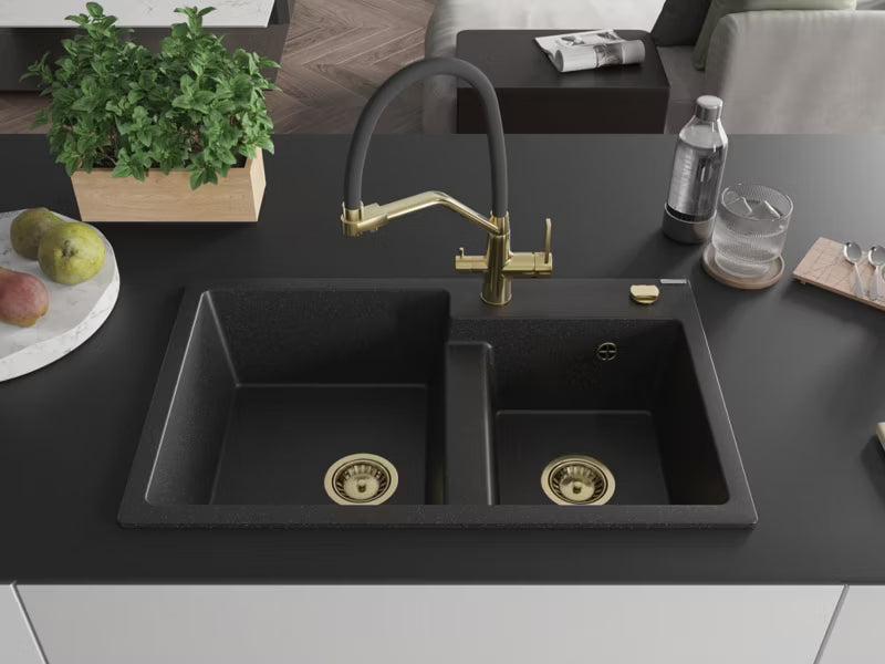Granitvask Tomas 2-Kammer 80x50 cm Sort/Sølv med Armatur