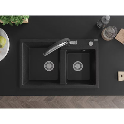 Granitvask Tomas 2-Kammer Sort/Sølv Metallisk med Armatur