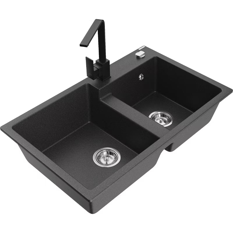 Granitvask Tomas 2-Kammer 80x50 cm Sort Spættet med Armatur