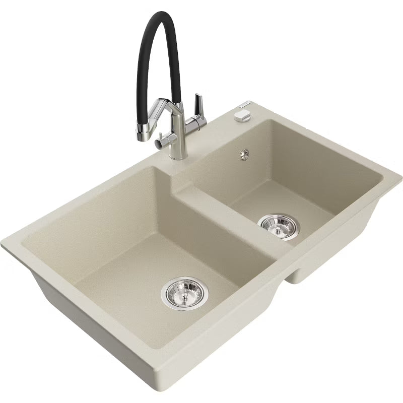 Granitvask Tomas 2-Kammer Beige med Armatur Duo