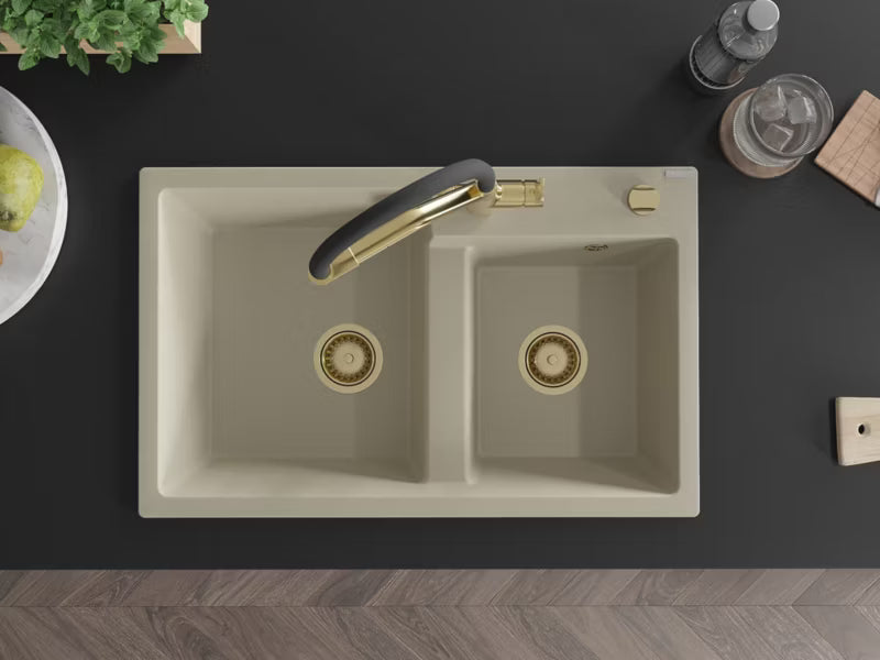 Granitvask Tomas 2-Kammer Beige med Armatur 80x50 cm