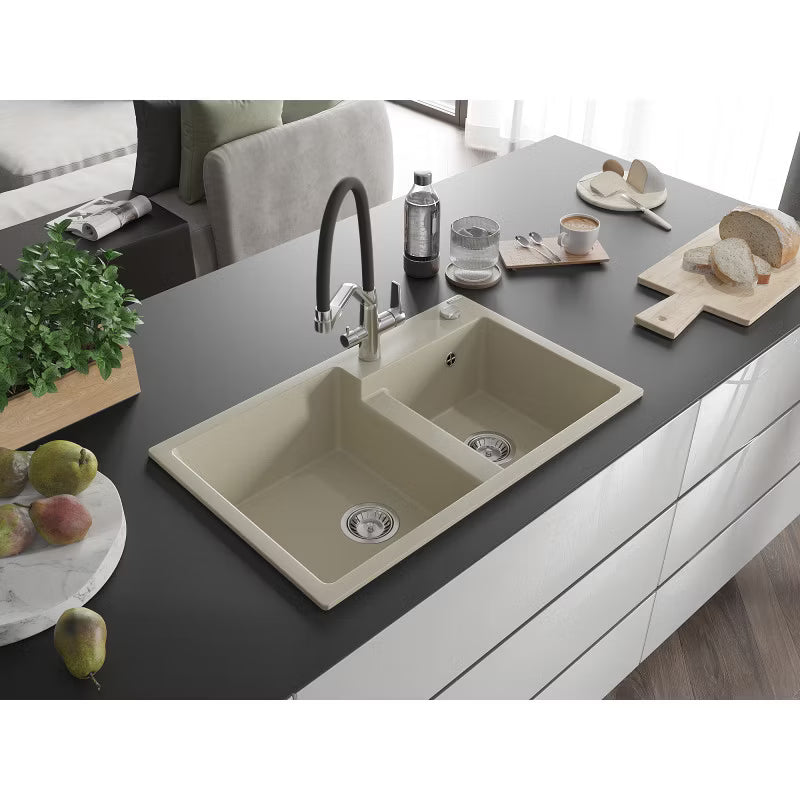 Granitvask Tomas 2-Kammer Beige med Armatur Duo