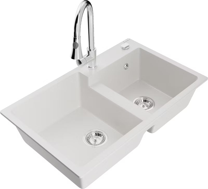 Granitvask Tomas 2-Kammer med Armatur 80x50 cm Hvid