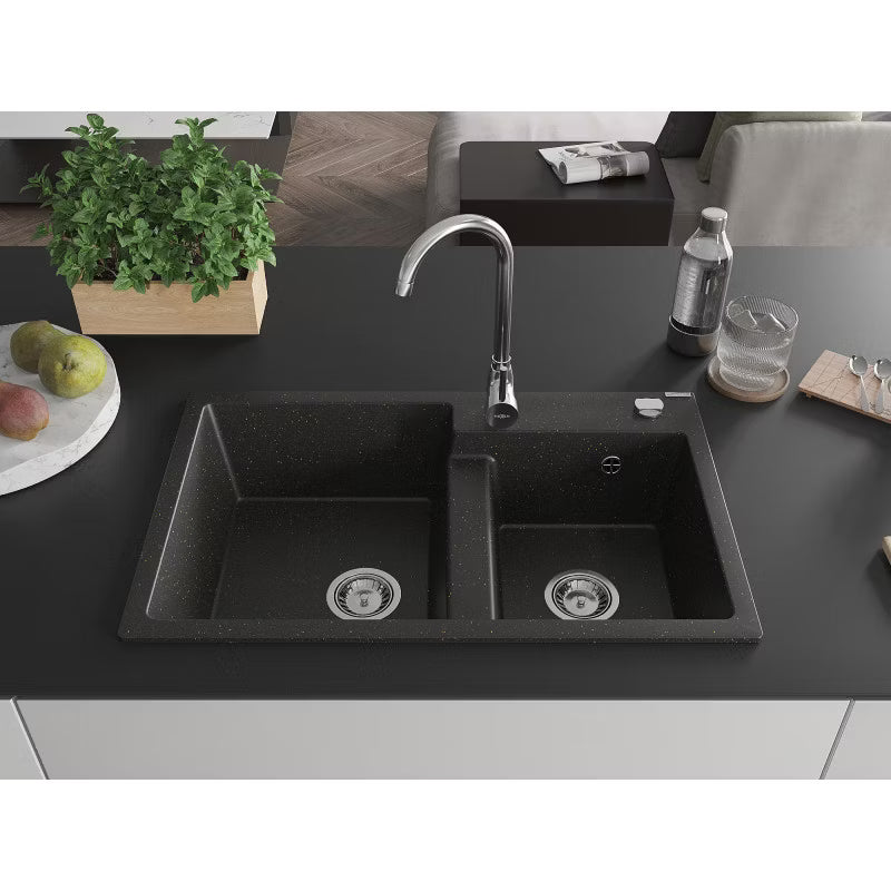 Granitvask Tomas 2-Kammer Sort/Guld Metallisk med Vandhane