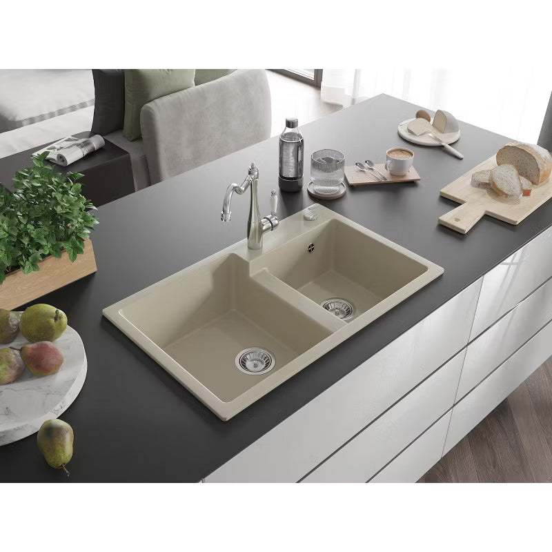 Granitvask Tomas 80x50 cm 2-Kammer Beige med Armatur