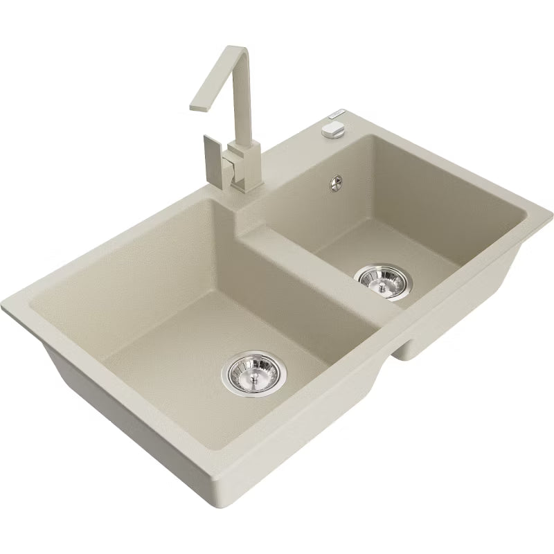 Granitvask Tomas 80x50 cm 2-Kammer med Armatur Beige