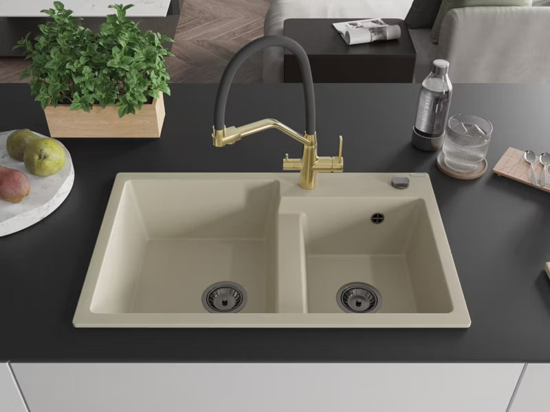 Granitvask Tomas 80x50 cm 2-Kammer med Armatur Duo Sort
