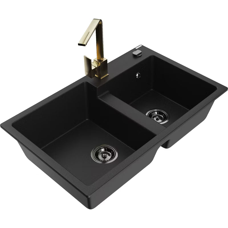 Granitvask Tomas 80x50 cm 2-Kammer Sort med Armatur