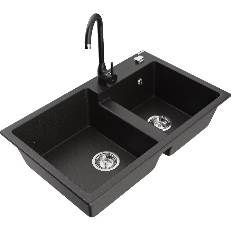 Granitvask Tomas 80x50 cm 2-Kammer Sort Guld med Armatur