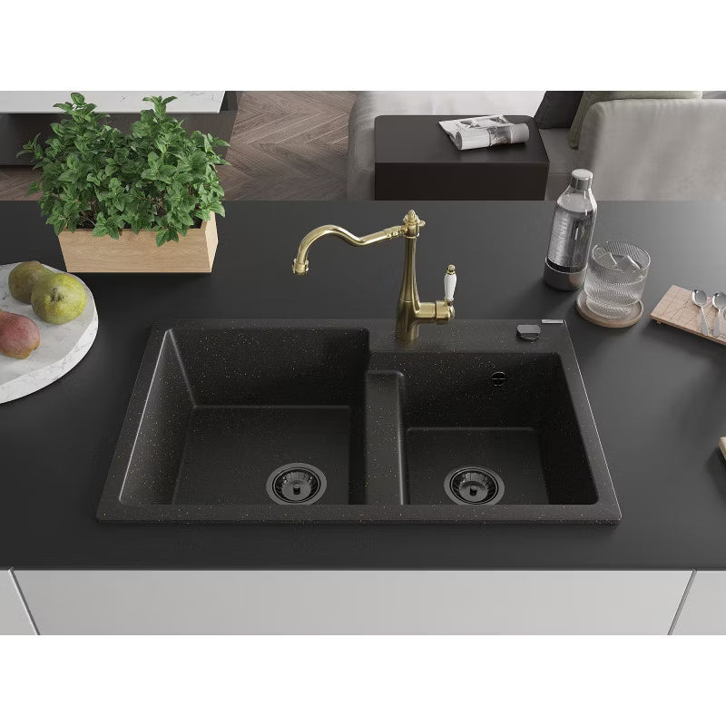 Granitvask Tomas 80x50 cm 2-Kammer Sort Guld Metallisk