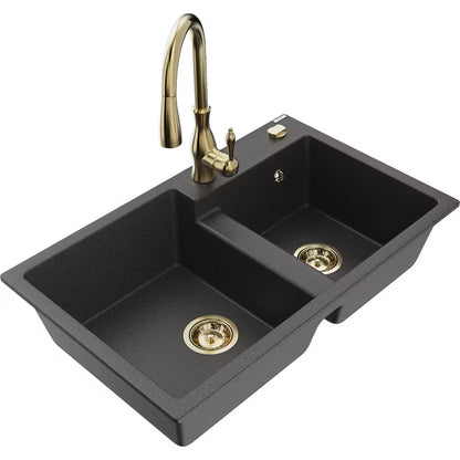 Granitvask Tomas 80x50 cm 2-Kammer Sort med Armatur