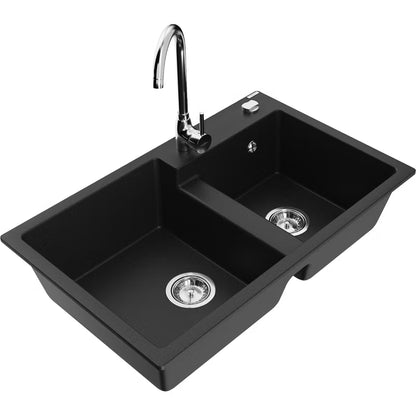 Granitvask Tomas 80x50 cm 2-Kammer Sort med Armatur
