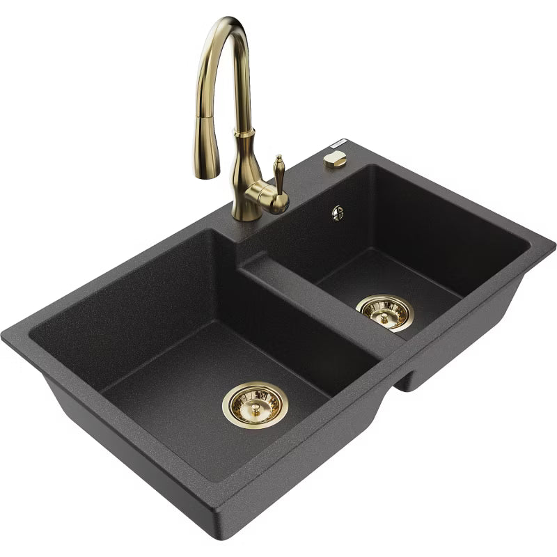 Granitvask Tomas 80x50 cm 2-Kammer Sort med Armatur