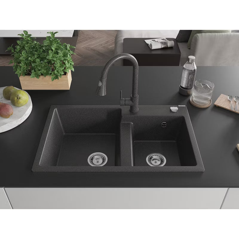 Granitvask Tomas 80x50 cm 2-Kammer Sort med Armatur
