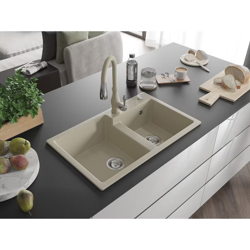 Granitvask Tomas 80x50 cm 2-Kammer Beige med Armatur