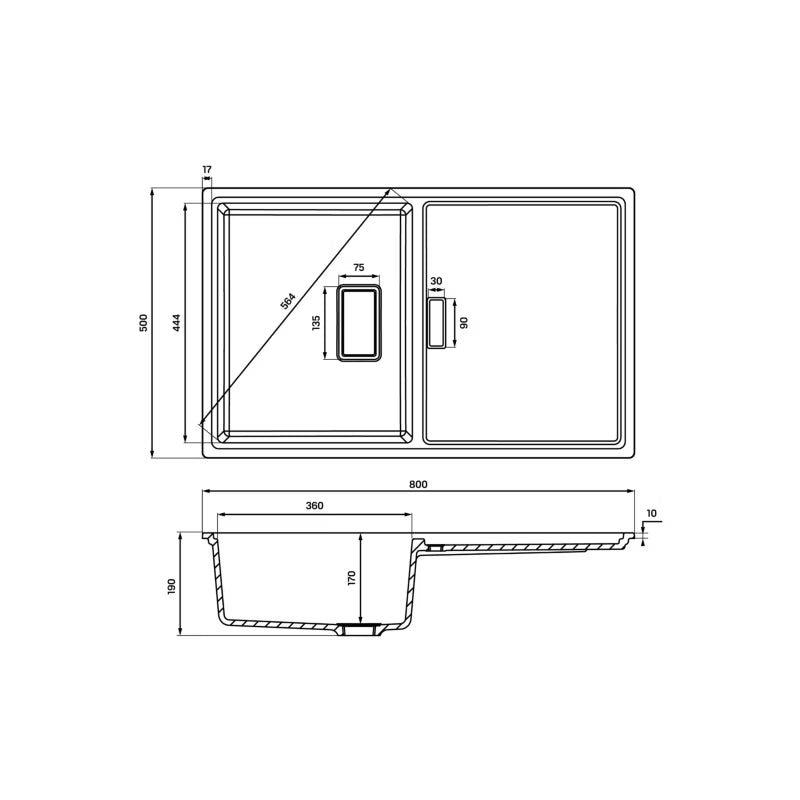 Granitvask Tonga 1-Kammer 80x50 cm Sort med Afløbsplade