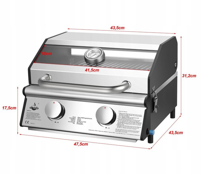 Turistisk gasgrill Jesolo EL FUEGO med glaslåg, 1 stk.