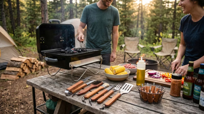 Grillsæt 18 Dele med Træhåndtag og Taske