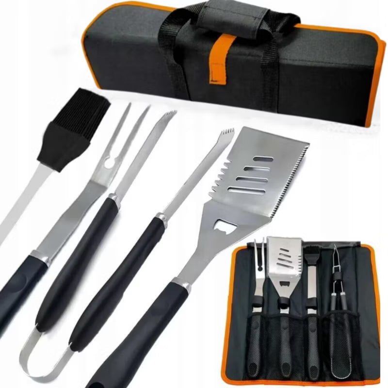 Grillsæt 4-i-1 Rustfrit Stål med Etui Sort
