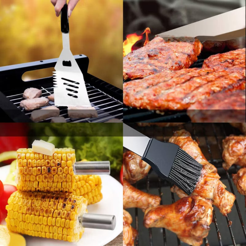 Grillsæt 4-i-1 Rustfrit Stål med Etui Sort