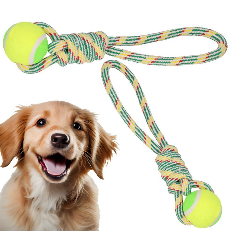Springos hundegodbid i reb med tennisbold og knude, tyggelegetøj i gul-grøn, 1 stk.