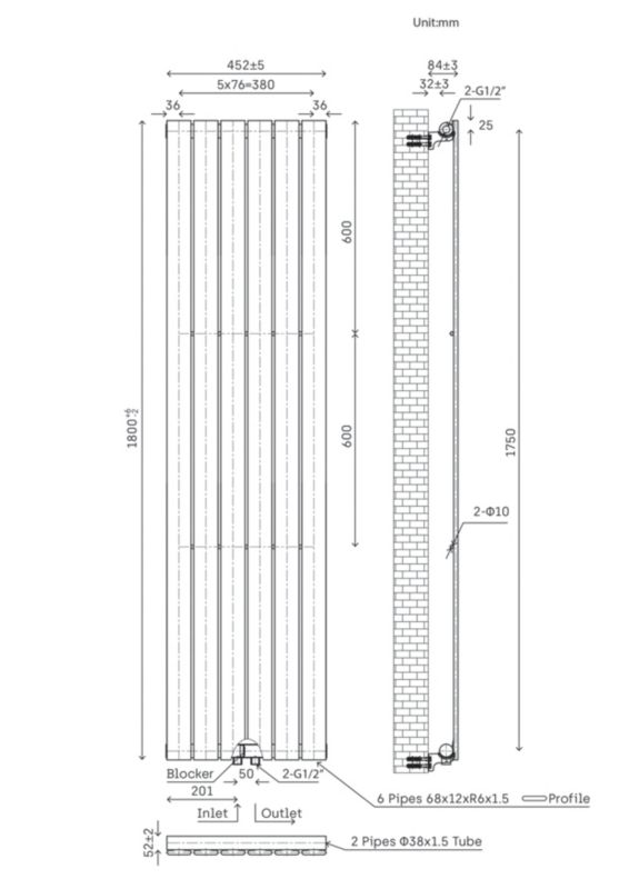 Dekorativ radiator Faringdon 180 x 45,2 cm hvid