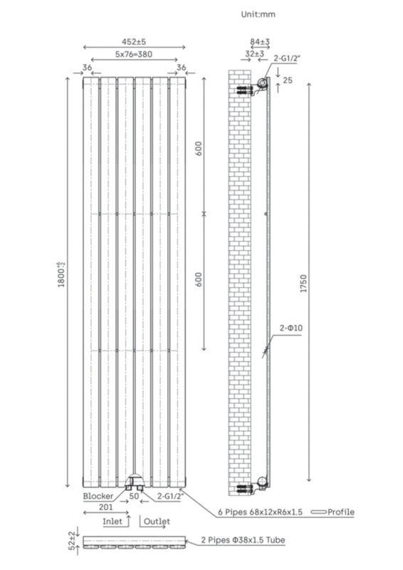 Dekorativ radiator Faringdon 180 x 45,2 cm mat-sort