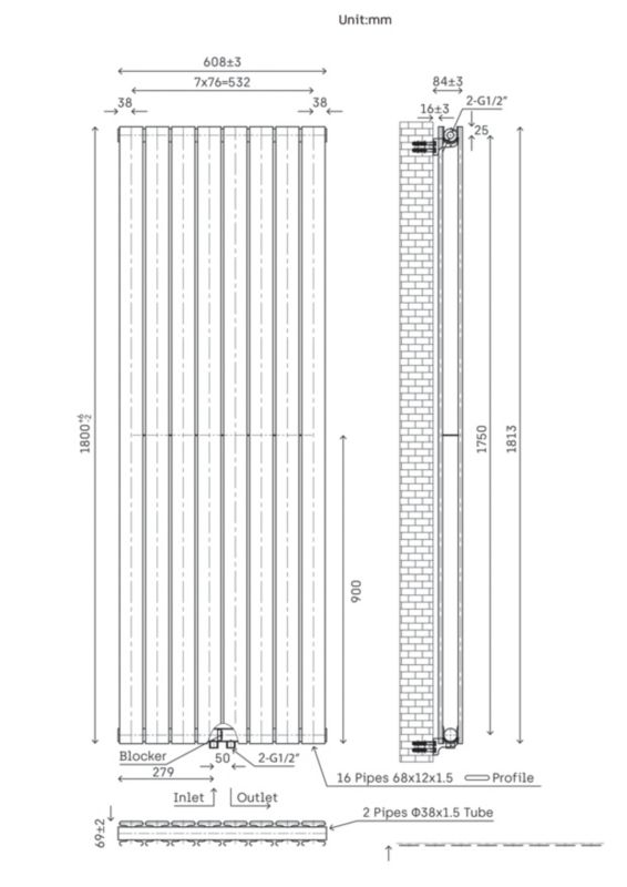 Dekorativ radiator Faringdon 180 x 60,8 cm hvid