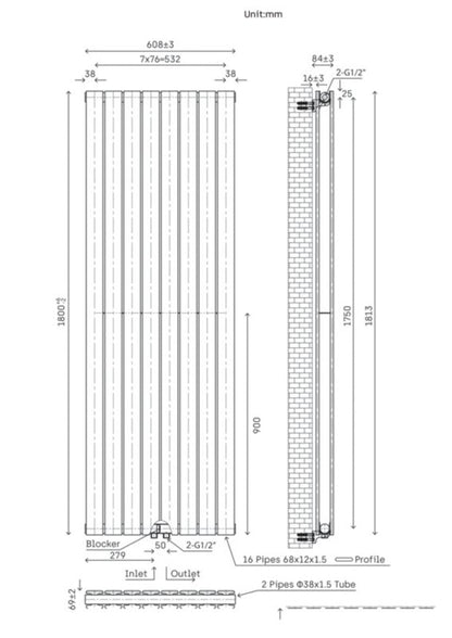 Dekorativ radiator Faringdon 180 x 60,8 cm hvid