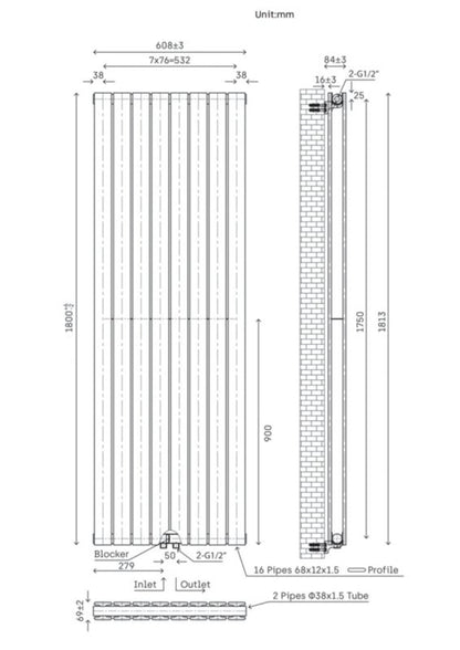 Dekorativ radiator Faringdon 180 x 60,8 cm mat-sort
