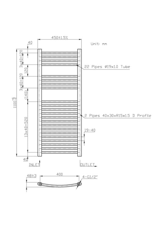 Blyss profileret badeværelsesradiator 1100 x 450 mm krom