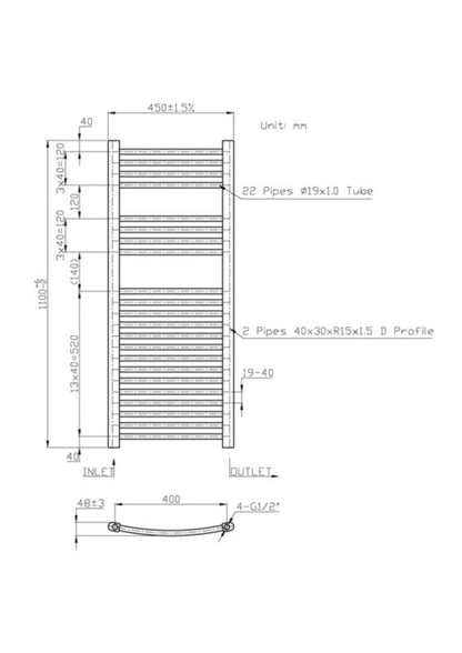 Blyss profileret badeværelsesradiator 1100 x 450 mm krom