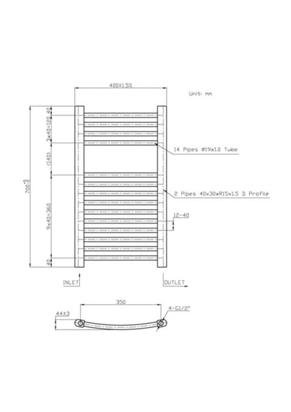 Blyss profilvarmet badeværelsesradiator 700 x 400 mm krom