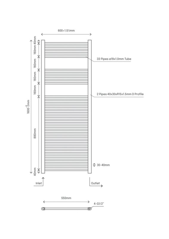 Flomasta flad badeværelsesradiator 160 x 60 cm hvid