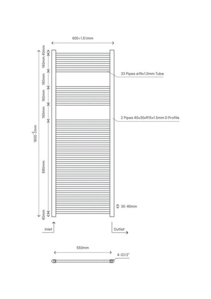 Flomasta flad badeværelsesradiator 160 x 60 cm hvid