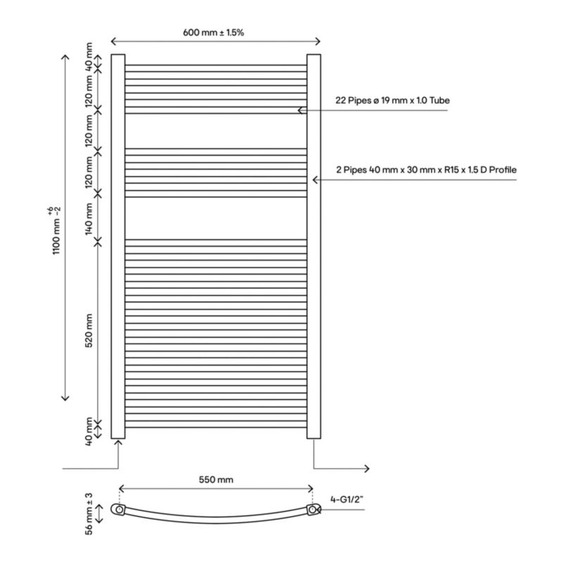 Flomasta Profil badeværelsesradiator 110 x 60 cm mat-sort