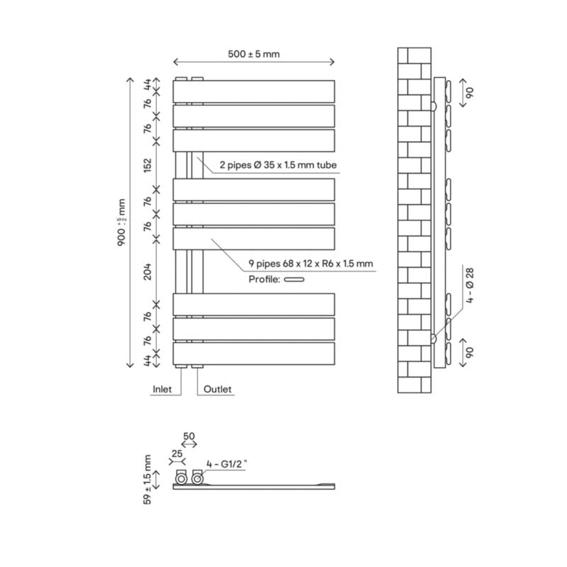 GoodHome Boxwood badeværelsesradiator 90 x 50 cm mat-sort